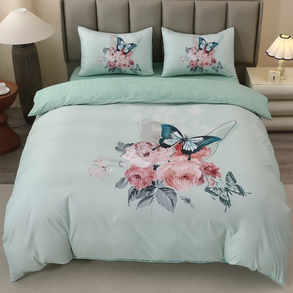 Lenjerie pat dublu, FINET, Imprimeu Digital 5D - Identic cu poza, Cu ELASTIC, 4 piese, Vernil, Fluturi  [1]