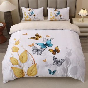 Lenjerie pat dublu, FINET, Imprimeu Digital 5D - Identic cu poza, Cu ELASTIC, 4 piese, Alb, Galben, Fluturi Lenjerie pat dublu, FINET, Imprimeu Digital 5D - Identic cu poza, Cu ELASTIC, 4 piese, Alb, Galben, Fluturi