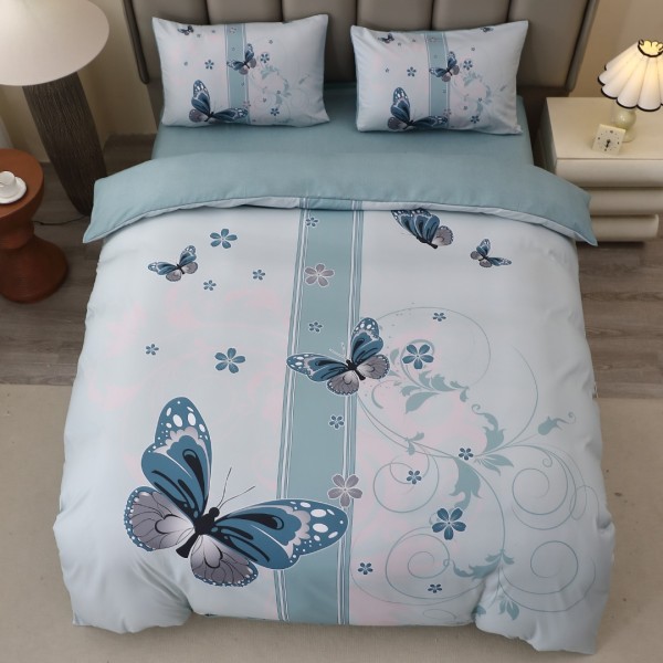Lenjerie pat dublu, FINET, Imprimeu Digital 5D - Identic cu poza, Cu ELASTIC, 4 piese, Menta, Fluturi  [1]