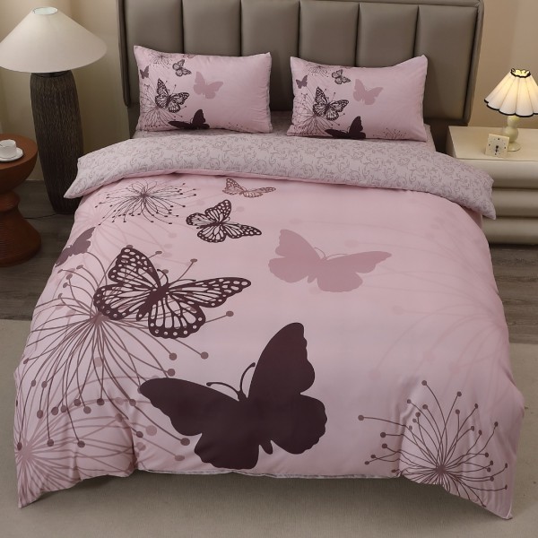 Lenjerie pat dublu, FINET, Imprimeu Digital 5D - Identic cu poza, Cu ELASTIC, 4 piese, Roz, Fluturi  [1]