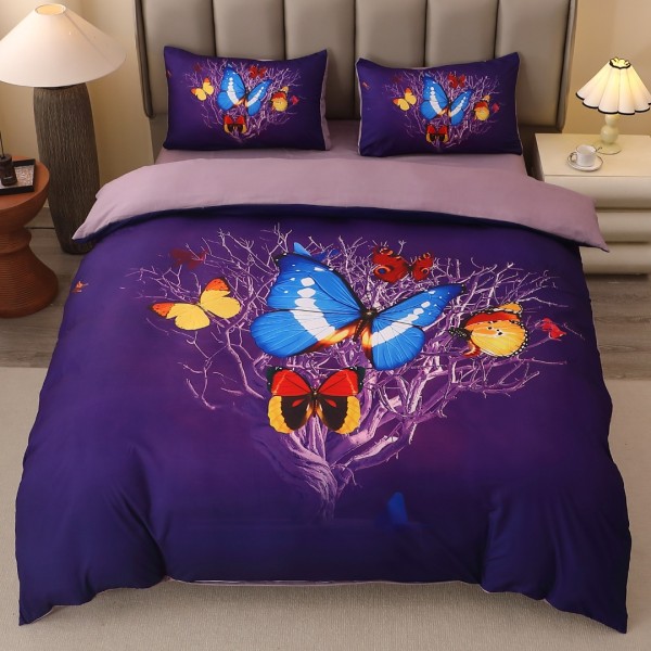 Lenjerie pat dublu, FINET, Imprimeu Digital 5D - Identic cu poza, Cu ELASTIC, 4 piese, Mov, Fluturi [1]