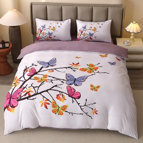 Lenjerie pat dublu, FINET, Imprimeu Digital 5D - Identic cu poza, Cu ELASTIC, 4 piese, Alb, Mov, Fluturi [1]