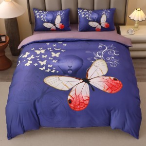 Lenjerie pat dublu, FINET, Imprimeu Digital 5D - Identic cu poza, Cu ELASTIC, 4 piese, Albastru, Fluturi