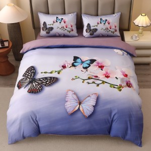 Lenjerie pat dublu, FINET, Imprimeu Digital 5D - Identic cu poza, Cu ELASTIC, 4 piese, Mov Degrade, Fluturi si Orhidee