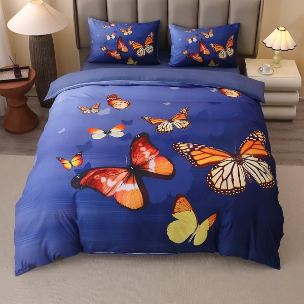 Lenjerie pat dublu, FINET, Imprimeu Digital 5D - Identic cu poza, Cu ELASTIC, 4 piese, Alb, Gri, Fluturi [1]