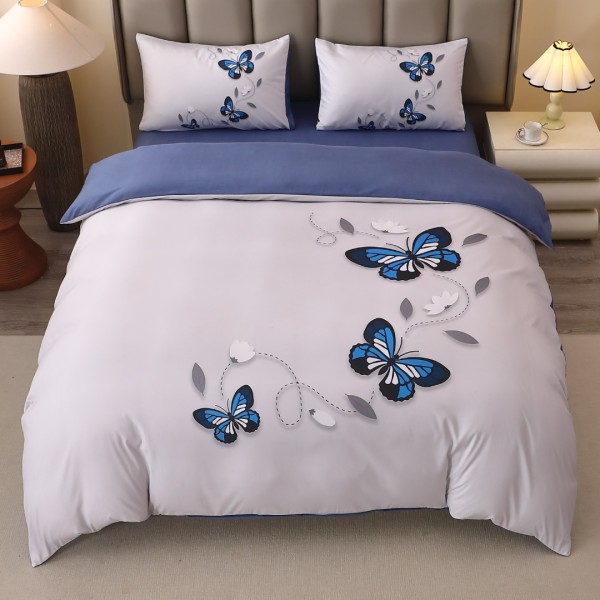 Lenjerie pat dublu, FINET, Imprimeu Digital 5D - Identic cu poza, Cu ELASTIC, 4 piese, Alb, Albastru, Fluturi [1]