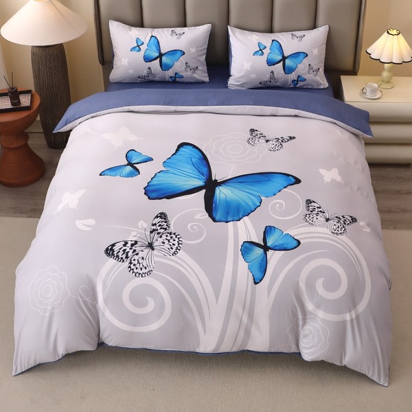 Lenjerie pat dublu, FINET, Imprimeu Digital 5D - Identic cu poza, Cu ELASTIC, 4 piese, Gri, Fluturi [1]