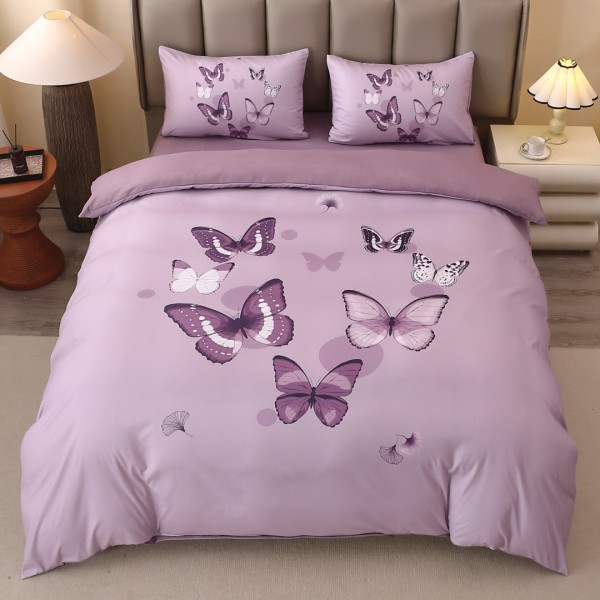 Lenjerie pat dublu, FINET, Imprimeu Digital 5D - Identic cu poza, Cu ELASTIC, 4 piese, Lila, Fluturi [1]