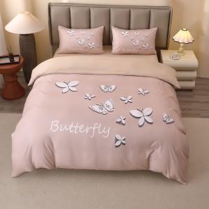 Lenjerie pat dublu, FINET, Imprimeu Digital 5D - Identic cu poza, Cu ELASTIC, 4 piese, Bej, Fluturi 