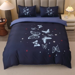 Lenjerie pat dublu, FINET, Imprimeu Digital 5D - Identic cu poza, Cu ELASTIC, 4 piese, Alb, Gri, Fluturi