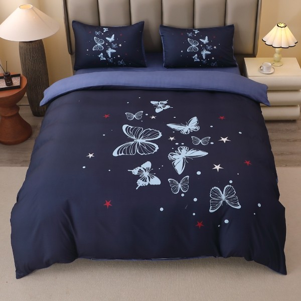 Lenjerie pat dublu, FINET, Imprimeu Digital 5D - Identic cu poza, Cu ELASTIC, 4 piese, Alb, Gri, Fluturi [1]