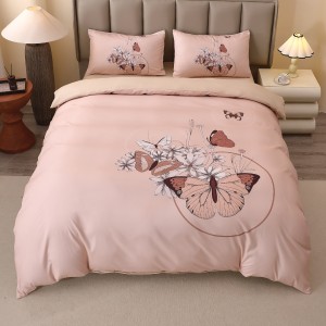 Lenjerie pat dublu, FINET, Imprimeu Digital 5D - Identic cu poza, Cu ELASTIC, 4 piese, Bej, Fluturi 