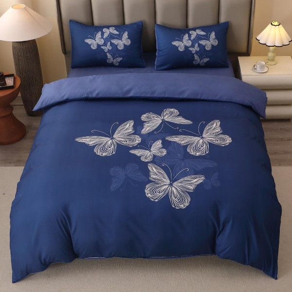 Lenjerie pat dublu, FINET, Imprimeu Digital 5D - Identic cu poza, Cu ELASTIC, 4 piese, Albastru, Fluturi [1]