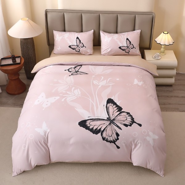 Lenjerie pat dublu, FINET, Imprimeu Digital 5D - Identic cu poza, Cu ELASTIC, 4 piese, Crem, Fluturi [1]