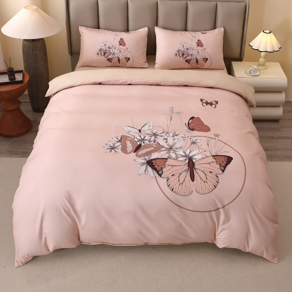 Lenjerie pat dublu, FINET, Imprimeu Digital 5D - Identic cu poza, Cu ELASTIC, 4 piese, Bej, Fluturi  [1]