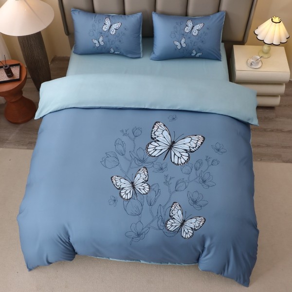 Lenjerie pat dublu, FINET, Imprimeu Digital 5D - Identic cu poza, Cu ELASTIC, 4 piese, Albastru, Fluturi [1]