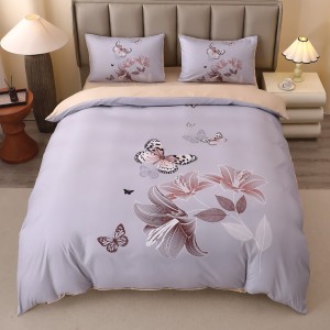 Lenjerie pat dublu, FINET, Imprimeu Digital 5D - Identic cu poza, Cu ELASTIC, 4 piese, Gri, Fluturi