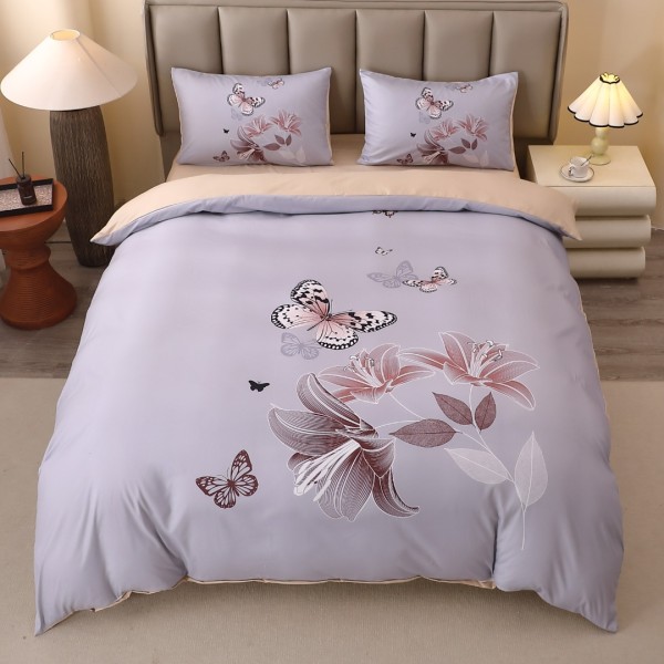 Lenjerie pat dublu, FINET, Imprimeu Digital 5D - Identic cu poza, Cu ELASTIC, 4 piese, Gri, Fluturi [1]