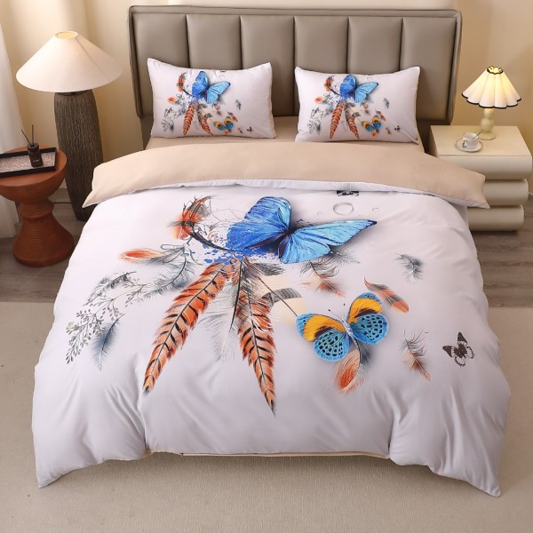 Lenjerie pat dublu, FINET, Imprimeu Digital 5D - Identic cu poza, Cu ELASTIC, 4 piese, Alb, Fluturi si Pene [1]