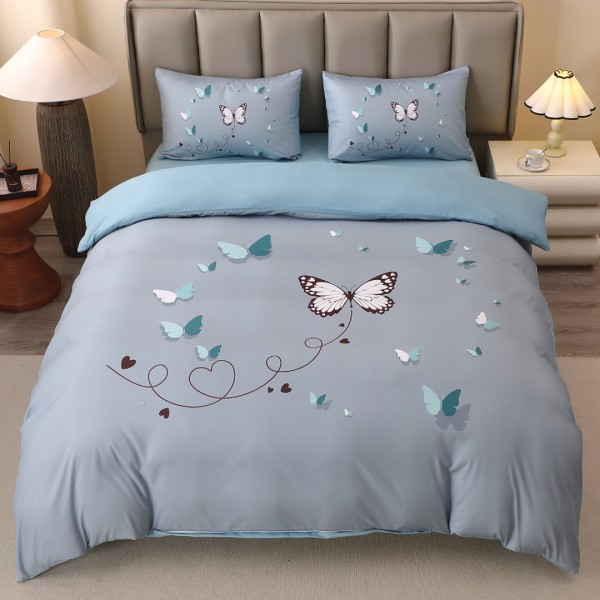 Lenjerie pat dublu, FINET, Imprimeu Digital 5D - Identic cu poza, Cu ELASTIC, 4 piese, Bleu, Fluturi [1]