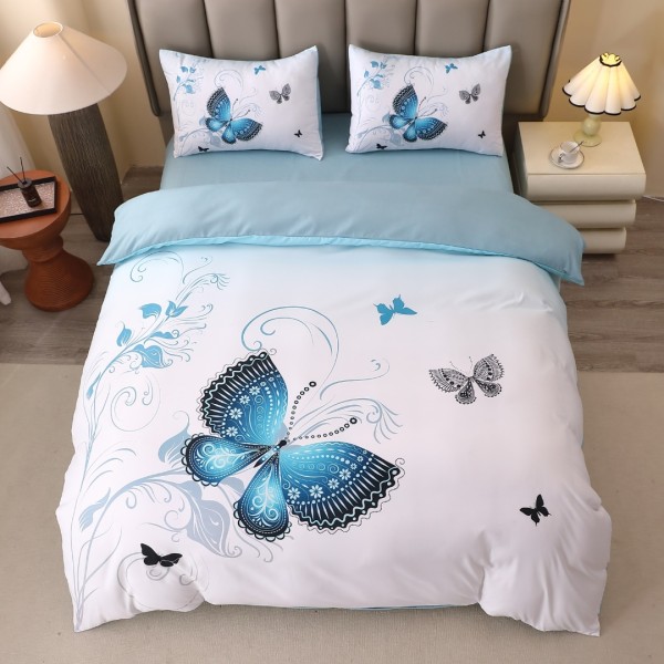 Lenjerie pat dublu, FINET, Imprimeu Digital 5D - Identic cu poza, Cu ELASTIC, 4 piese, Alb, Bleu, Fluturi [1]