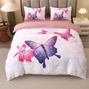 Lenjerie pat dublu, FINET, Imprimeu Digital 5D - Identic cu poza, Cu ELASTIC, 4 piese, Alb, Roz, Fluturi Lenjerie pat dublu, FINET, Imprimeu Digital 5D - Identic cu poza, Cu ELASTIC, 4 piese, Alb, Roz, Fluturi