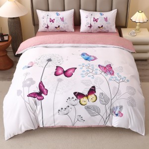 Lenjerie pat dublu, FINET, Imprimeu Digital 5D - Identic cu poza, Cu ELASTIC, 4 piese, Alb, Roz, Fluturi 