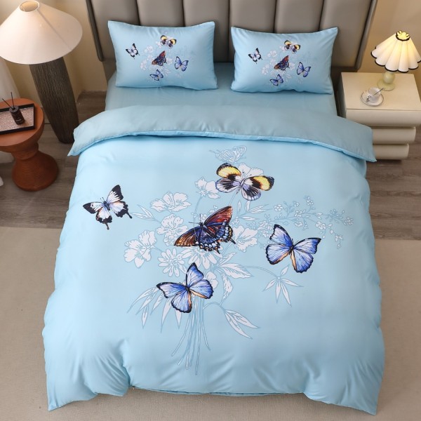 Lenjerie pat dublu, FINET, Imprimeu Digital 5D - Identic cu poza, Cu ELASTIC, 4 piese, Bleu, Fluturi [1]