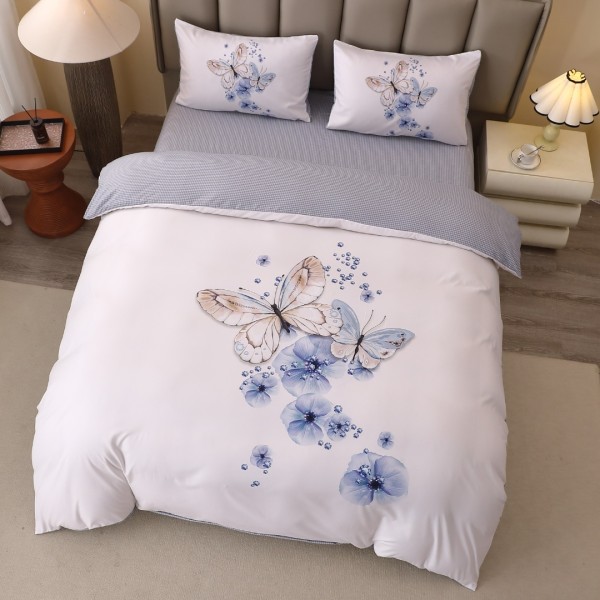 Lenjerie pat dublu, FINET, Imprimeu Digital 5D - Identic cu poza, Cu ELASTIC, 4 piese, Alb, Gri, Fluturi [1]