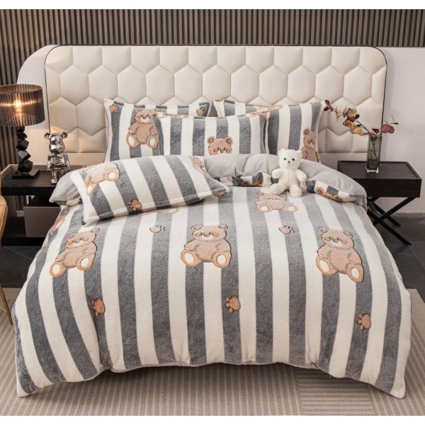 Lenjerie pat dublu, Super Pufoasa COCOLINO,cu ELASTIC, 4 piese, Jojo Home, Alb, Gri, Ursuleti [1]