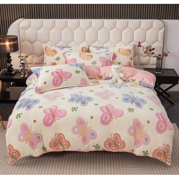 Lenjerie pat dublu, Super Pufoasa COCOLINO,cu ELASTIC, 4 piese, Jojo Home, Crem, Fluturi [1]