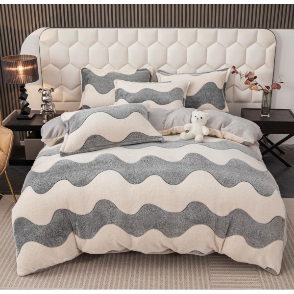 Lenjerie pat dublu, Super Pufoasa COCOLINO,cu ELASTIC, 4 piese, Jojo Home, Alb, Gri, Dungi [1]