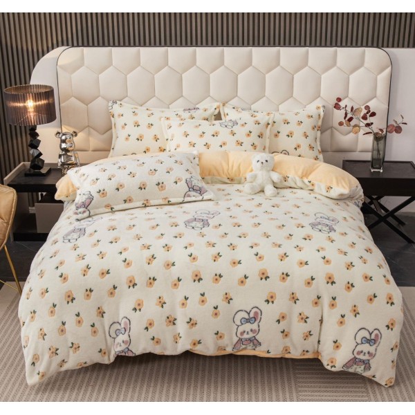 Lenjerie pat dublu, Super Pufoasa COCOLINO,cu ELASTIC, 4 piese, Jojo Home, Crem, Floricele [1]