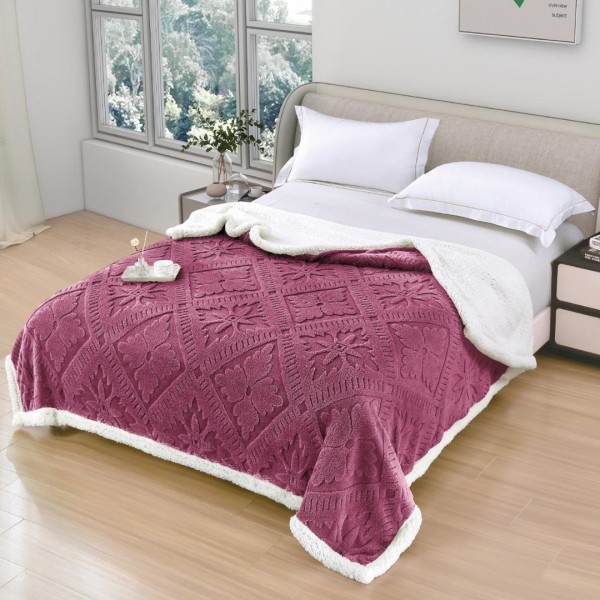   Pătură Cocolino cu Model Traditional 3D cu Blăniță Sherpa, cu Fermoar, 200x230 cm, Grena [1]