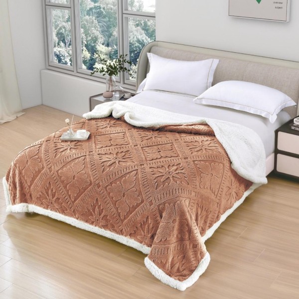   Pătură Cocolino cu Model Traditional 3D cu Blăniță Sherpa, cu Fermoar, 200x230 cm, Camel [1]