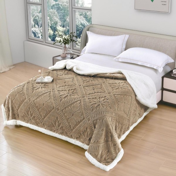   Pătură Cocolino cu Model Traditional 3D cu Blăniță Sherpa, cu Fermoar, 200x230 cm, Cappuccino [1]