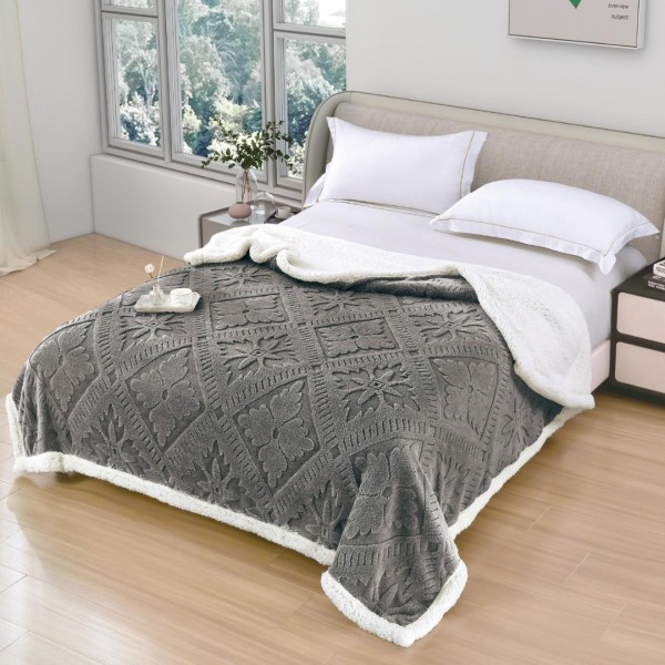   Pătură Cocolino cu Model Traditional 3D cu Blăniță Sherpa, cu Fermoar, 200x230 cm, Gri inchis [1]