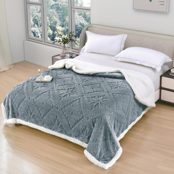   Pătură Cocolino cu Model Traditional 3D cu Blăniță Sherpa, cu Fermoar, 200x230 cm, Gri deschis [1]