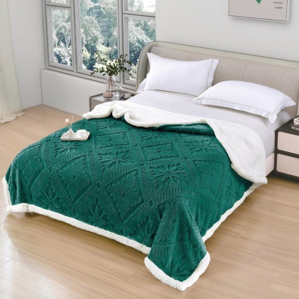   Pătură Cocolino cu Model Traditional 3D cu Blăniță Sherpa, cu Fermoar, 200x230 cm, Verde [1]