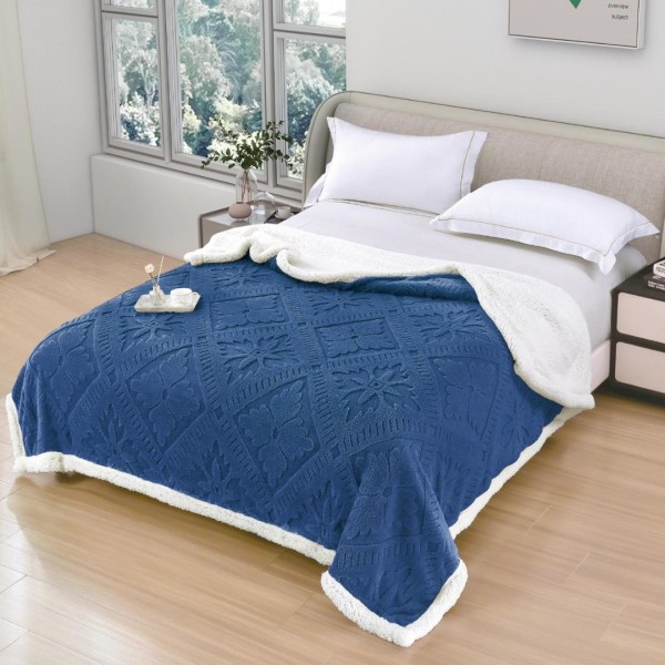   Pătură Cocolino cu Model Traditional 3D cu Blăniță Sherpa, cu Fermoar, 200x230 cm, Albastru [1]