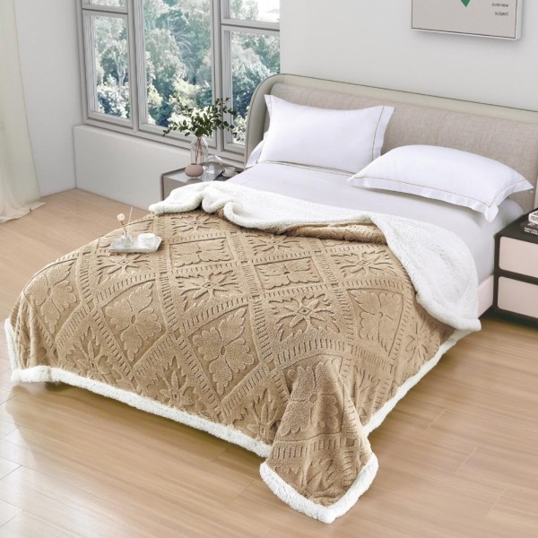  Pătură Cocolino cu Model Traditional 3D cu Blăniță Sherpa, cu Fermoar, 200x230 cm, Bej [1]