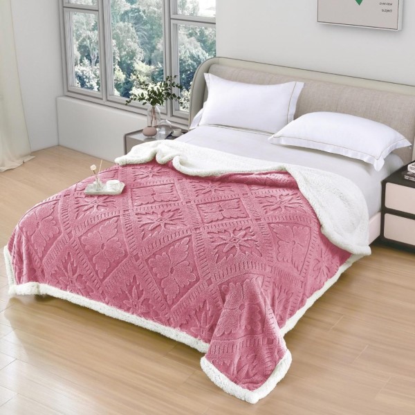   Pătură Cocolino cu Model Traditional 3D cu Blăniță Sherpa, cu Fermoar, 200x230 cm, Roz [1]