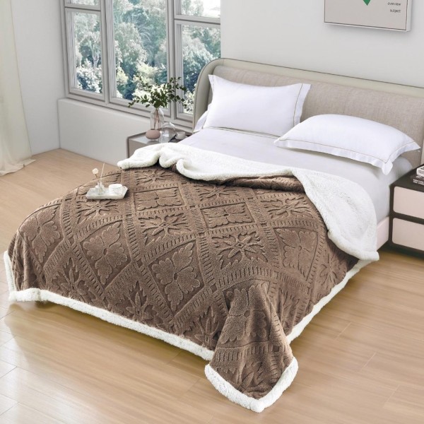  Pătură Cocolino cu Model Traditional 3D cu Blăniță Sherpa, cu Fermoar, 200x230 cm, Maro [1]