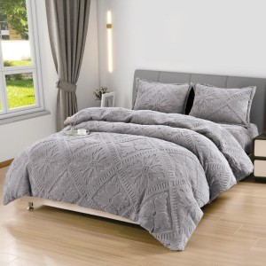 Lenjerie de Pat Dublu, CoCoLiNo Ultra Pufoasă, 4 piese, Cearșaf cu ELASTIC, Model Traditional 3D, Gri deschis