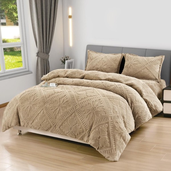 Lenjerie de Pat Dublu, CoCoLiNo Ultra Pufoasă, 4 piese, Cearșaf cu ELASTIC, Model Traditional 3D, Bej [1]