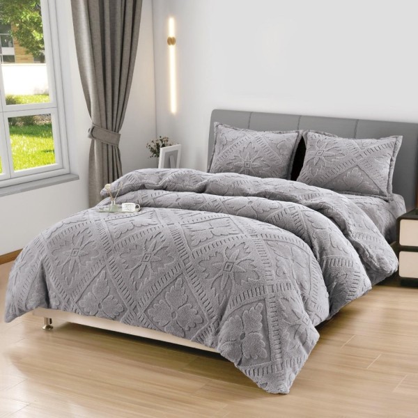 Lenjerie de Pat Dublu, CoCoLiNo Ultra Pufoasă, 4 piese, Cearșaf cu ELASTIC, Model Traditional 3D, Gri deschis [1]