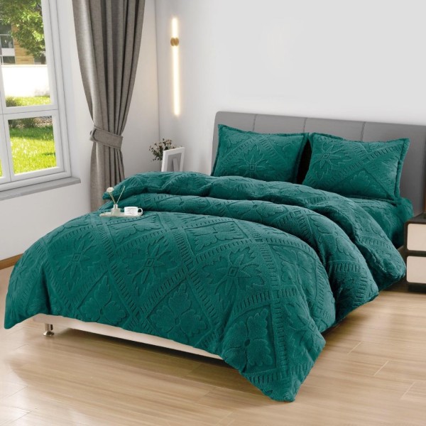 Lenjerie de Pat Dublu, CoCoLiNo Ultra Pufoasă, 4 piese, Cearșaf cu ELASTIC, Model Traditional 3D, Verde [1]