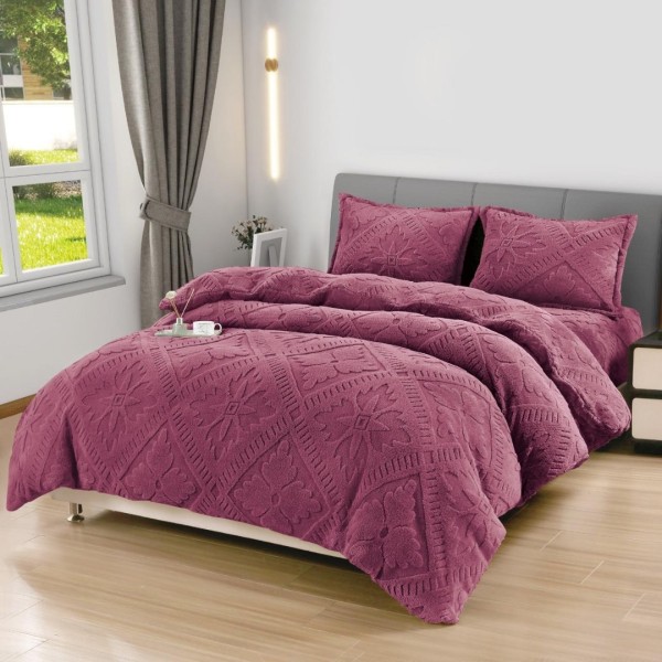 Lenjerie de Pat Dublu, CoCoLiNo Ultra Pufoasă, 4 piese, Cearșaf cu ELASTIC, Model Traditional 3D, Roz inchis [1]