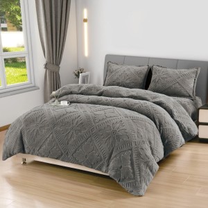 Lenjerie de Pat Dublu, CoCoLiNo Ultra Pufoasă, 4 piese, Cearșaf cu ELASTIC, Model Traditional 3D, Gri inchis