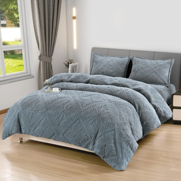 Lenjerie de Pat Dublu, CoCoLiNo Ultra Pufoasă, 4 piese, Cearșaf cu ELASTIC, Model Traditional 3D, Gri mediu [1]